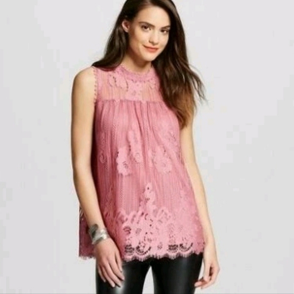 Women's Xhilaration Lace Mockneck Sleeveless Top Dusty Pink Large 🩷 - Picture 3 of 13